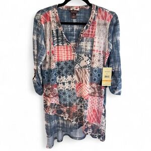 Multiples 3/4 sleeve patchwork color block tie-dye floral tunic‎ top blouse sz S